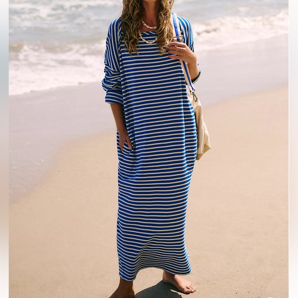 Free People Blue and White Striped Long Sleeve Dress